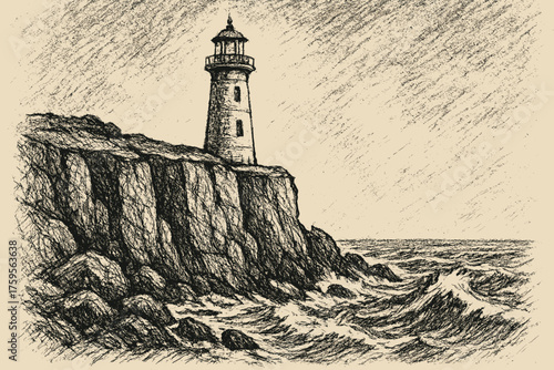 Old textured lighthouse waves drawn strokes sketch illustration irregular clifftop vector shading