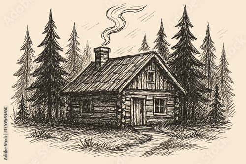 Uneven sketch woods illustration cozy strokes cabin roof trees across vector rising