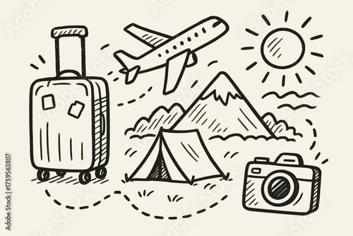 Airplane vector sketch simple tent sun showing doodles travel illustration mountain lines