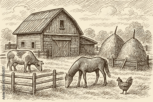 Fences barn vector animals haystacks farmyard shaded emphasized illustration strokes textures wooden
