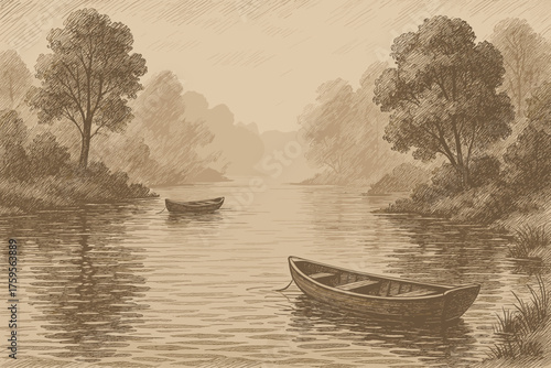 River serenity vector layered misty created water scene boats reflections illustration