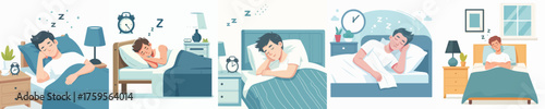 Man Sleeping in Bed Illustration Set | Rest, Relaxation, Night Routine and Healthy Sleep Concept