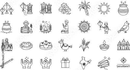 Makar Sankranti, Pongal, Lohri, Uttarayan Indian Harvest Festival Line Art Icons Set. Traditional elements like kites, sweets, sun, harvest, and cultural symbols.