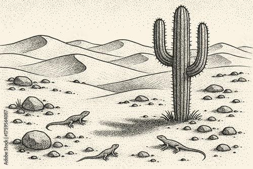 Cactus dotted scene formed serenity illustration rolling stippled vector shadows lizards desert