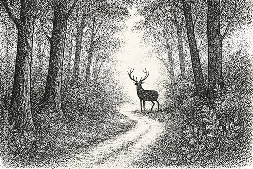 Forest scene vector foliage illustration textured path dotted distance stippling stipples shading