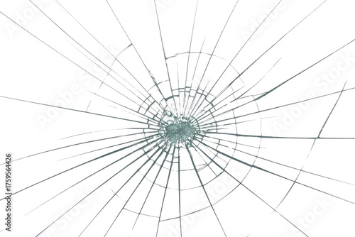 A transparent PNG image depicting a shattered glass with radial cracks emanating from the center. background removed