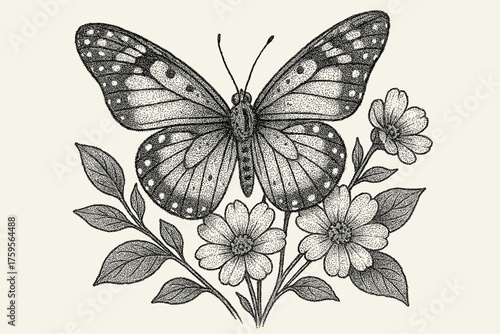 Illustration patterned vector resting wings shaded petals garden flowers stippled butterfly gradients