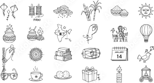 Indian Harvest Festival Icons Set: Makar Sankranti, Pongal, Lohri, Uttarayan, and Bihu vector illustrations with kites, sun, sweets, sugarcane, and January 14 calendar.