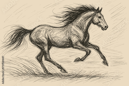 Galloping flowing illustration vector across rough energy lines sketch field horse conveyed