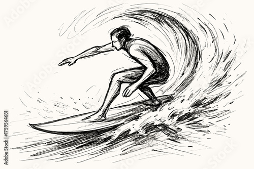 Graceful expressive s into loose flowing wave splashes illustration riding vector surfer