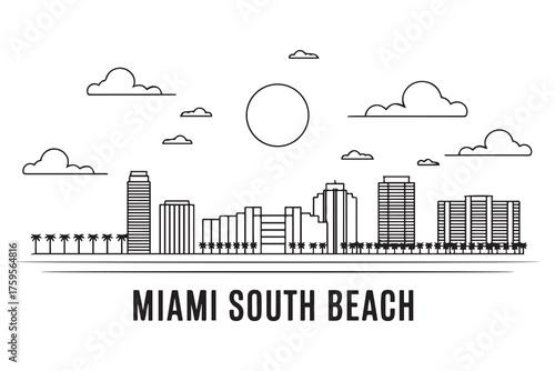 Miami South Beach Line Art skyline horizontal banner. Miami South Beach, Florida. Vector template for your design. with white background
