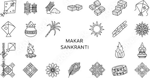Makar Sankranti Festival Line Art Icons Set. Collection of Traditional Indian Harvest Celebration Elements, including Kites, Sweets, Sun, Sugarcane, and Bonfire.
