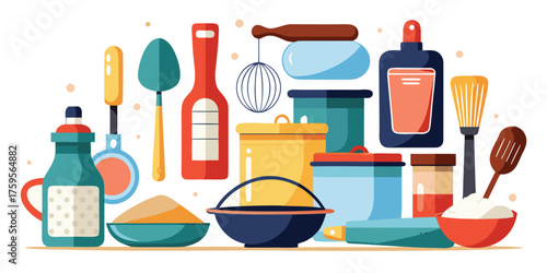 Vector illustration of a set of kitchen utensils and objects featuring icons of a knife, spoon, and other for cooking food in a restaurant