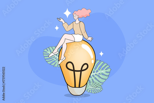 Woman sitting on a glowing light bulb, surrounded by tropical leaves. This vector illustration symbolizes a big idea, creative thinking, inspiration, innovation, and finding a successful business.