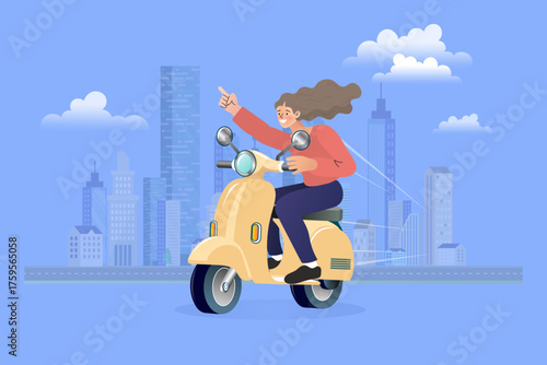 Happy woman character driving a yellow scooter against a city skyline background. This modern vector illustration symbolizes freedom, joyful urban lifestyle, a positive commute, and personal transept