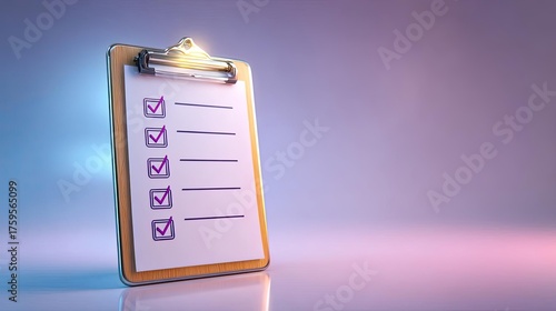 3d white clipboard with task management checklist concept. A clipboard with a checklist, symbolizing task completion.