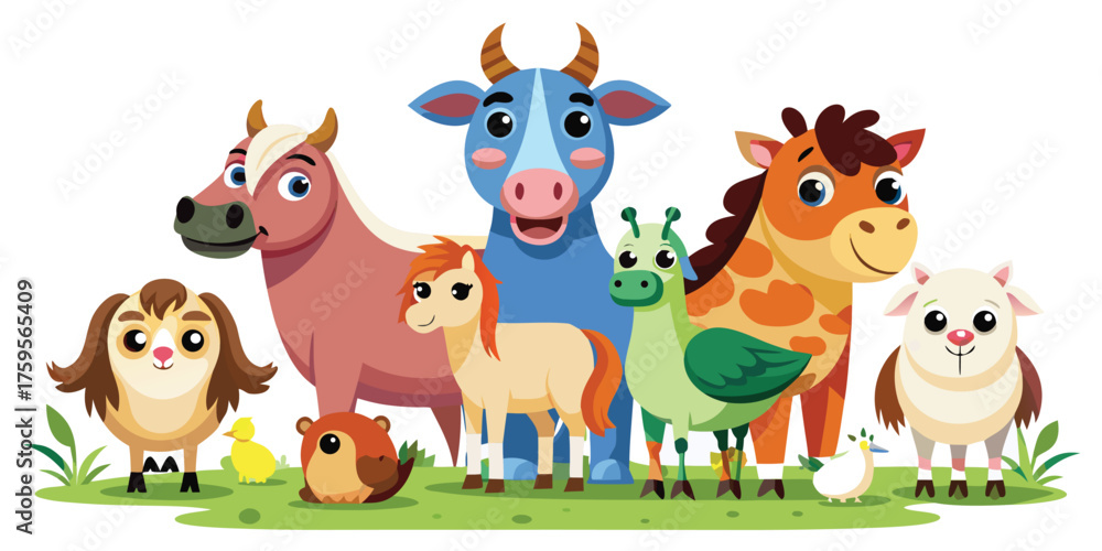 Naklejka premium Vector art of group of cute cartoon farm animals standing on grass perfect for education book