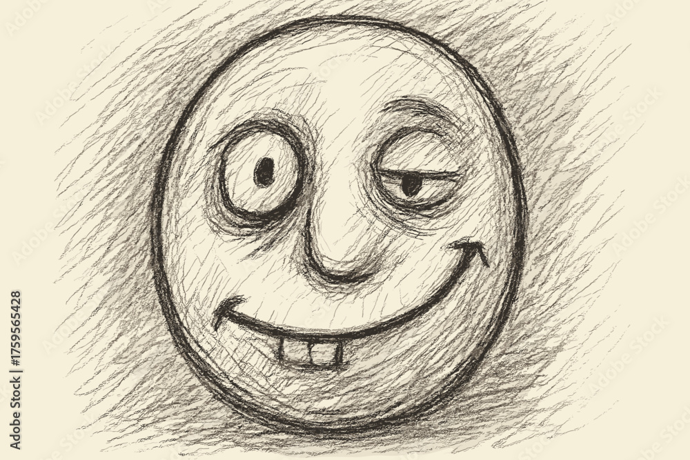 Obraz premium Sketchy doodle asymmetrical face smile shading look oval surreal illustration enhancing vector