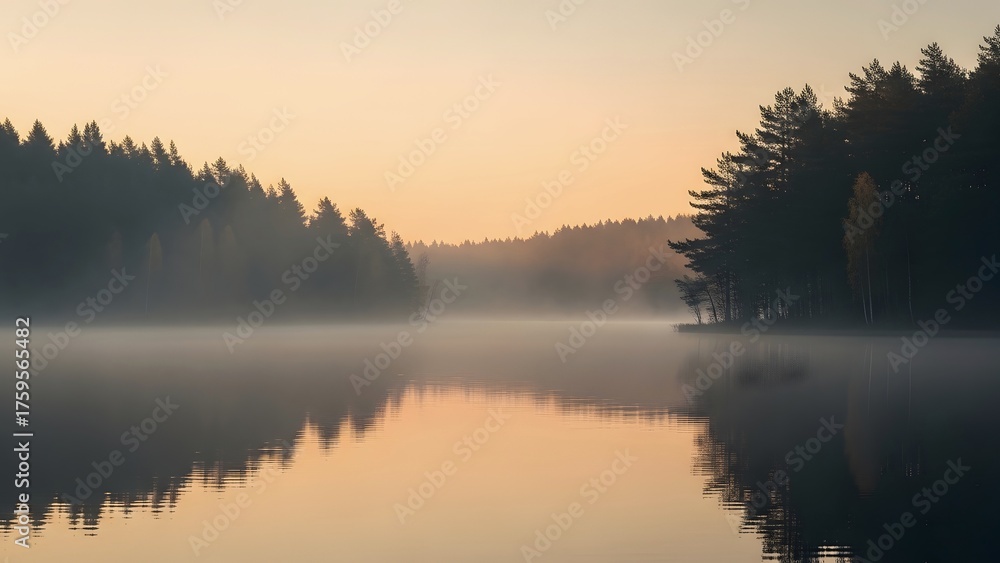 Fototapeta premium A serene misty lake reflecting a pine forest during a golden sunrise