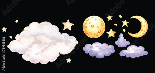 Whimsical Moon and Stars Watercolor Illustration with Clouds – Dreamy Night Sky Clipart for Nursery and Kids Decor
