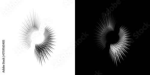 Dynamic abstract spiral sound wave rhythm lines. Circular spiral sound wave rhythm of lines. Circular futuristic abstract lines, black and white background.	