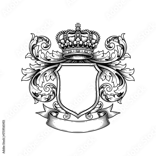 A coat of arms crest heraldic medieval royal family shield. Vintage motif with filigree leaf heraldry.