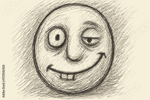 Sketchy doodle asymmetrical face smile shading look oval surreal illustration enhancing vector