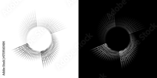 Dynamic abstract spiral sound wave rhythm lines. Circular spiral sound wave rhythm of lines. Circular futuristic abstract lines, black and white background.	