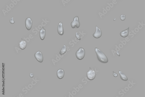 Realistic water drops. Clean raindrops, liquid bubbles, glass falling transparent PNG. Abstract fresh pure dew on smooth surface.