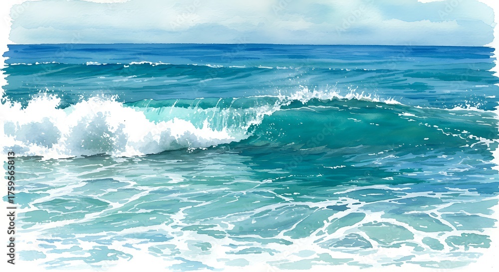 Fototapeta premium Watercolor seascape illustration of ocean waves and clear blue water