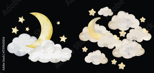 Whimsical Moon and Stars Watercolor Illustration with Clouds – Dreamy Night Sky Clipart for Nursery and Kids Decor