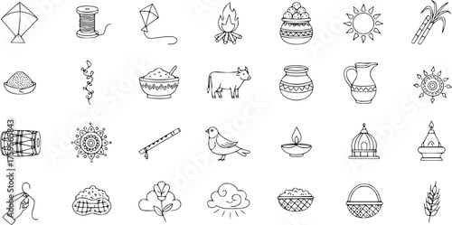 Indian Harvest Festival Icons Set. Doodle Line Art Symbols for Makar Sankranti, Pongal, Lohri, and Cultural Celebrations: Kites, Bonfire, Food, Sun, Cow, Diyas, Temple, Music.