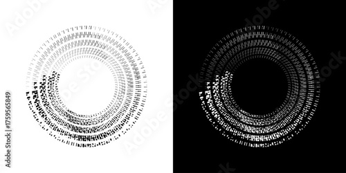 Dynamic abstract spiral sound wave rhythm lines. Circular spiral sound wave rhythm of lines. Circular futuristic abstract lines, black and white background.	