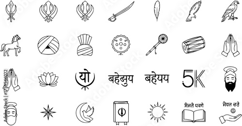 Sikhism  Indian Culture Outline Icons: Khanda, Kirpan, Turban, Guru Granth Sahib, 5 Ks, Lotus, Dhol, Namaste, Simran Paath, Seva Kare. Spiritual Symbols Vector Set.