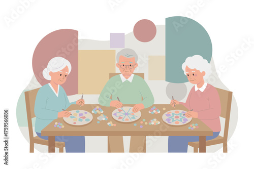 Happy seniors enjoying a creative craft activity together fostering wellbeing and social connection
