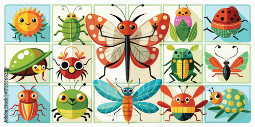 Vector art collection of various and colorful insects in cartoon art style