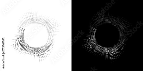 Dynamic abstract spiral sound wave rhythm lines. Circular spiral sound wave rhythm of lines. Circular futuristic abstract lines, black and white background.	