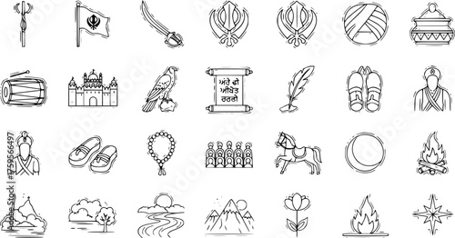 Sikhism Hand Drawn Icons Set. Religious, Cultural  Nature Symbols. Khanda, Nishan Sahib, Gurudwara, Turban, Punjabi Heritage Doodle Vector Collection.