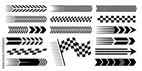 Racing Car Stripes Vector Set, Vehicle Decals, Checkered Patterns, Speed Lines, Finish Flags, Motorsport Graphics, Motocross Labels, Car Tuning Elements
