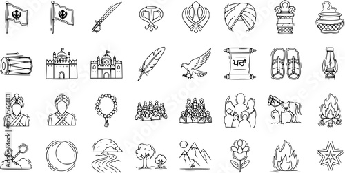 Sikhism Doodles: Icons of Sikh Culture  Religion - Flag, Khanda, Turban, Gurdwara, Holy Scripture, Eagle, Drum  More Traditional Symbols