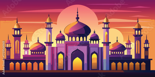 Vector art of vector illustration of a mosque with domes and minarets at sunset