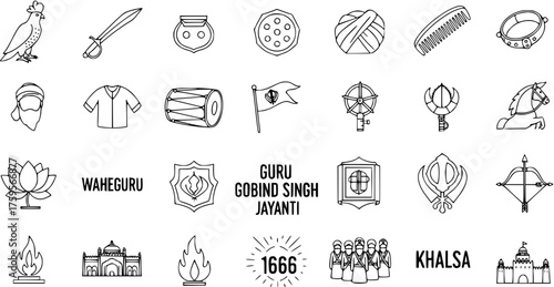 Collection of Sikhism Line Art Icons. Featuring Key Religious Symbols, Cultural Items, Historical Figures, and Festival Elements like Khalsa, Khanda, and Golden Temple.