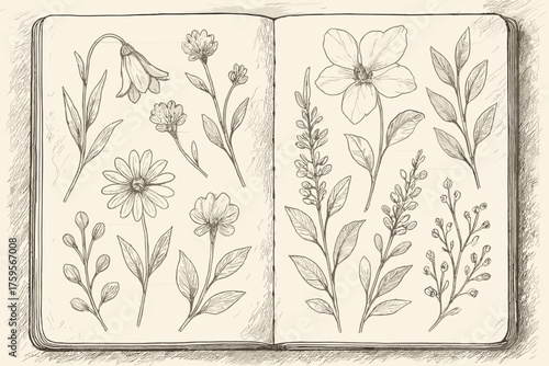 Margins vector sketchbook faint along doodles leaves botanical crosshatching spread illustration