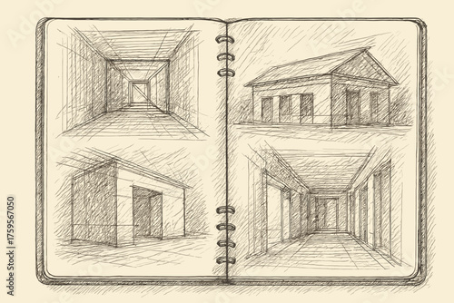 Perspective illustration vector rough forming crosshatched lines view pages sketchbook filled architectural