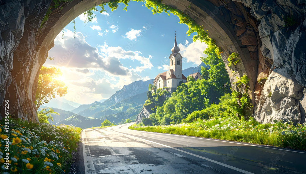 Fototapeta premium Scenic Mountain Road with Historic Church
