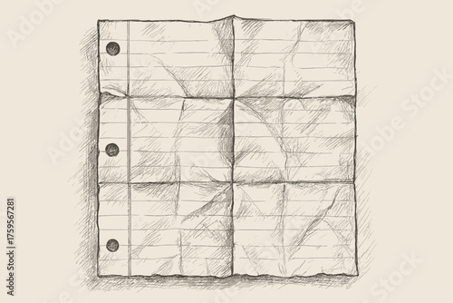 Worn multiple folded pencil vector notebook paper creases tears shading folds illustration