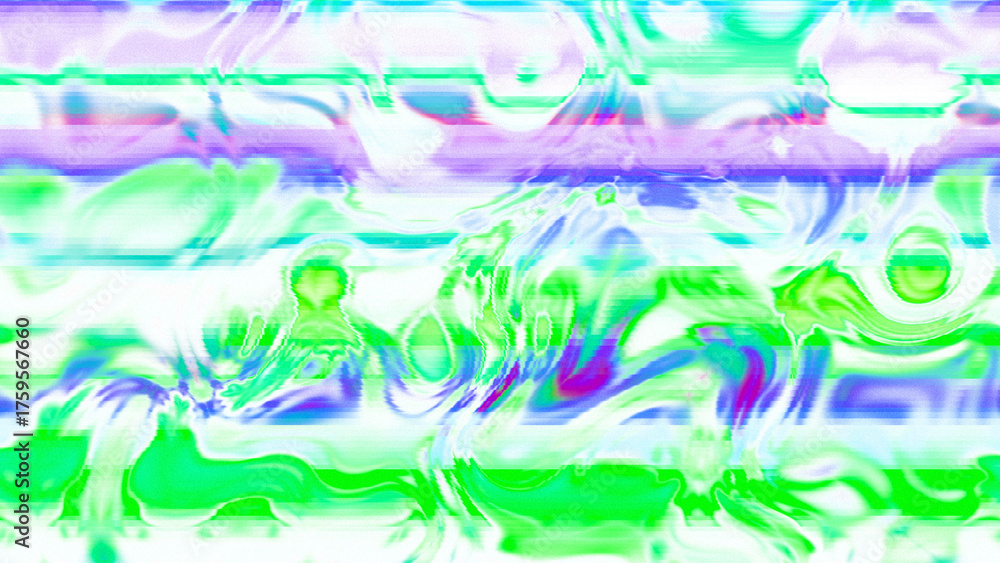 Fototapeta premium Abstract psychedelic glitch waves with neon colors, distorted digital fluid texture and VHS scanline effect