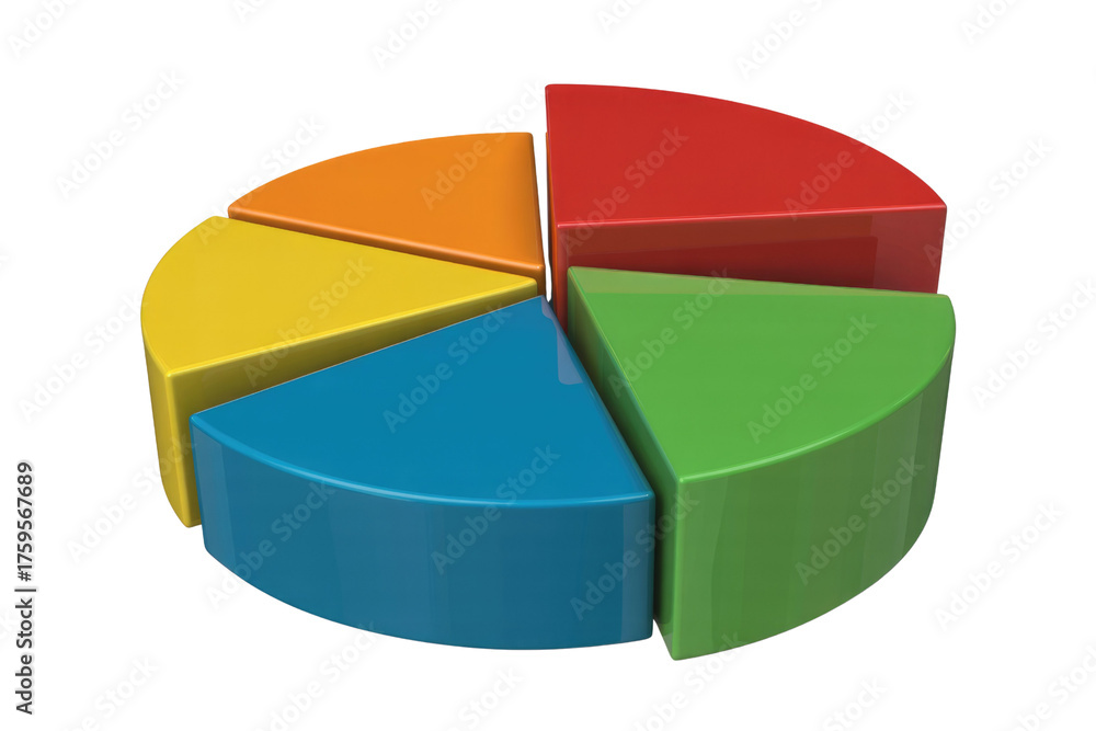 Obraz premium A 3D pie chart with five colorful segments representing data visualization. background removed