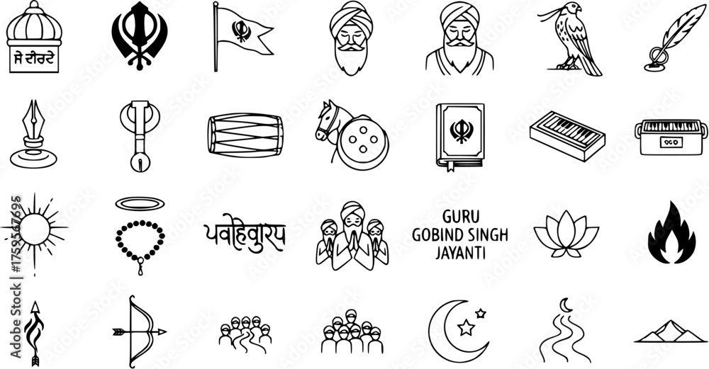 Fototapeta premium Sikhism Line Art Icons Set. Collection of Vector Symbols, Gurus, Khanda, Guru Granth Sahib, Musical Instruments, and Cultural Elements for Sikh Religious Events and Education.