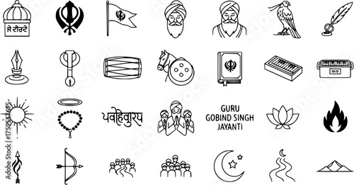 Sikhism Line Art Icons Set. Collection of Vector Symbols, Gurus, Khanda, Guru Granth Sahib, Musical Instruments, and Cultural Elements for Sikh Religious Events and Education.